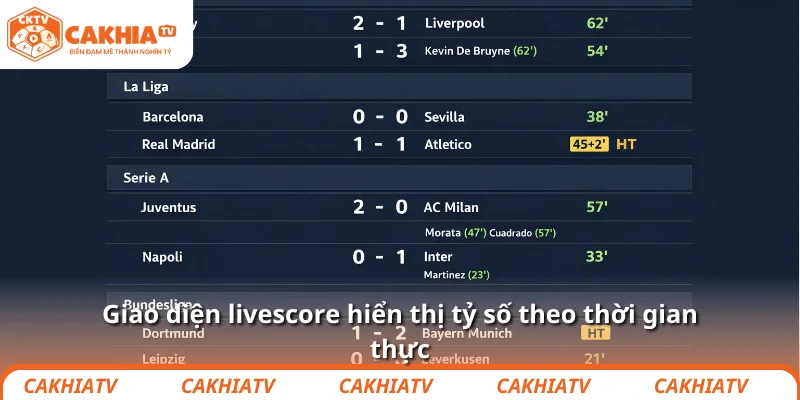 Giao diện livescore hiển thị tỷ số theo thời gian thực
