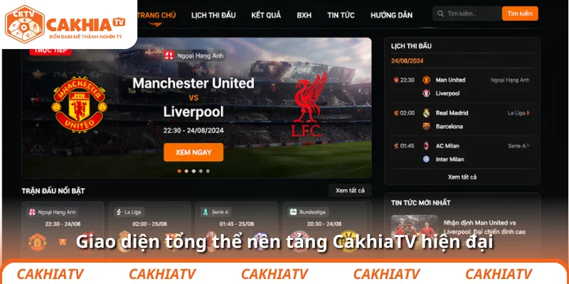 Giao diện tổng thể nền tảng CakhiaTV hiện đại